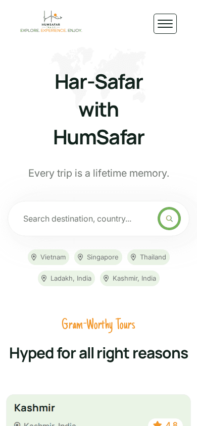 Humsafar Trails — Travel Brand & Booking Website — mobile view